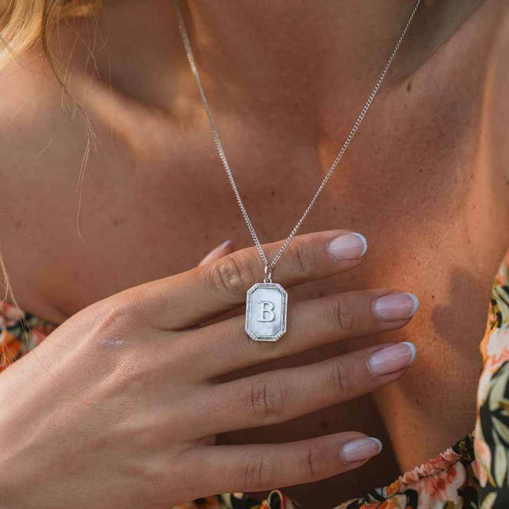 Elegant Mother Of Pearl Initial Necklace - Wearing Felicity Mother-Of-Pearl-Initial-Necklace-01 Wear Felicity