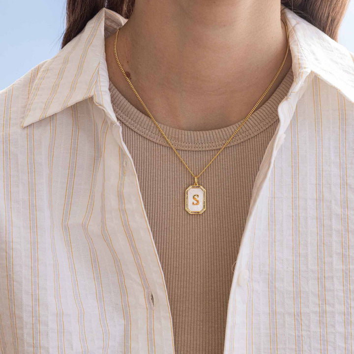 Elegant Mother Of Pearl Initial Necklace - Wearing Felicity Mother-Of-Pearl-Initial-Necklace-Silver-02 Wear Felicity