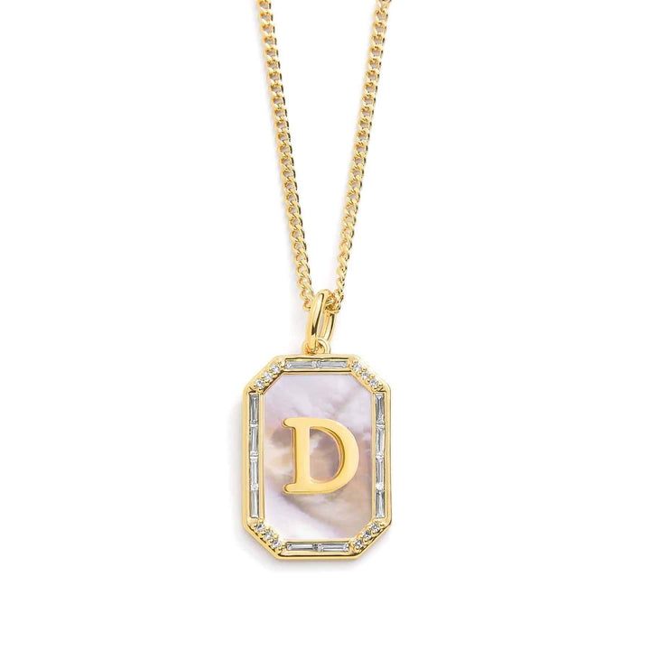 Elegant Mother Of Pearl Initial Necklace - Wearing Felicity Mother-Of-Pearl-Initial-Necklace-Gold-D Wear Felicity
