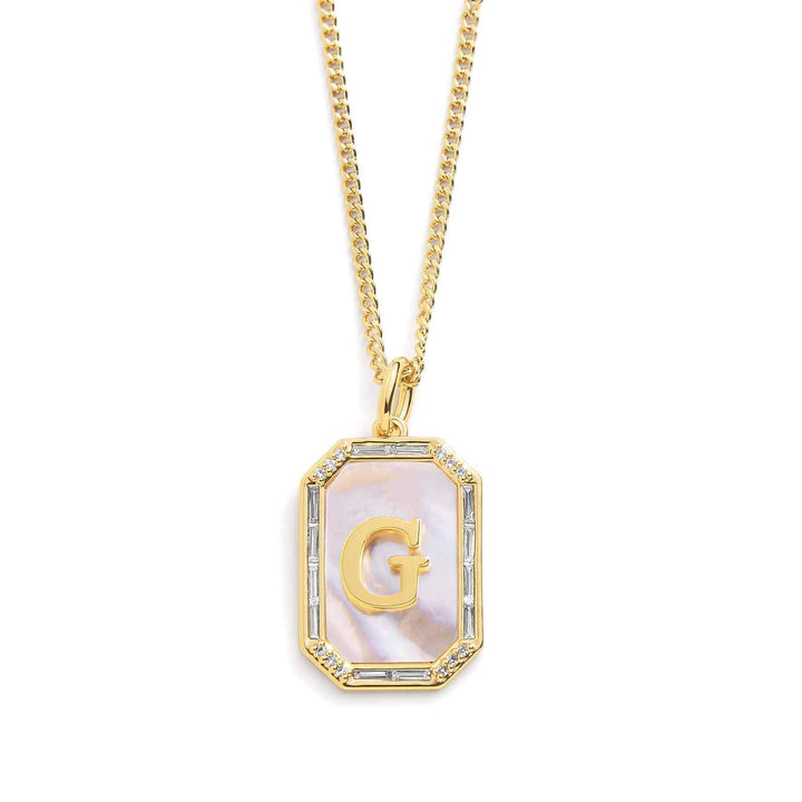 Elegant Mother Of Pearl Initial Necklace - Wearing Felicity Mother-Of-Pearl-Initial-Necklace-Gold-G Wear Felicity