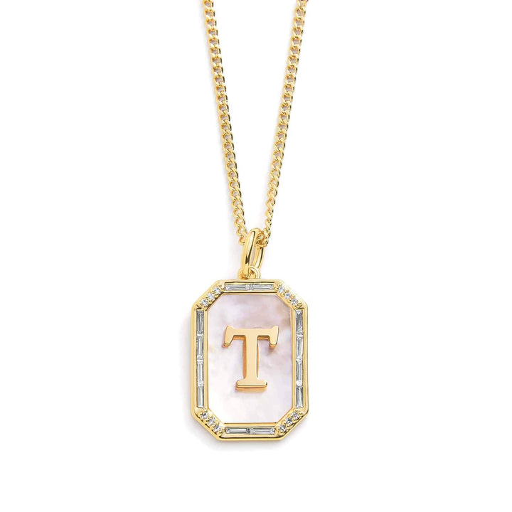Elegant Mother Of Pearl Initial Necklace - Wearing Felicity Mother-Of-Pearl-Initial-Necklace-Gold-T Wear Felicity