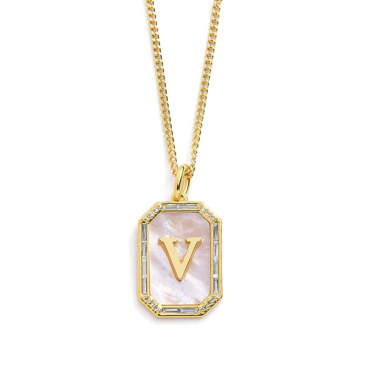 Elegant Mother Of Pearl Initial Necklace - Wearing Felicity Mother-Of-Pearl-Initial-Necklace-Gold-V Wear Felicity