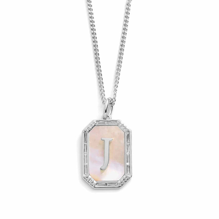 Elegant Mother Of Pearl Initial Necklace - Wearing Felicity Mother-Of-Pearl-Initial-Necklace-Silver-J Wear Felicity