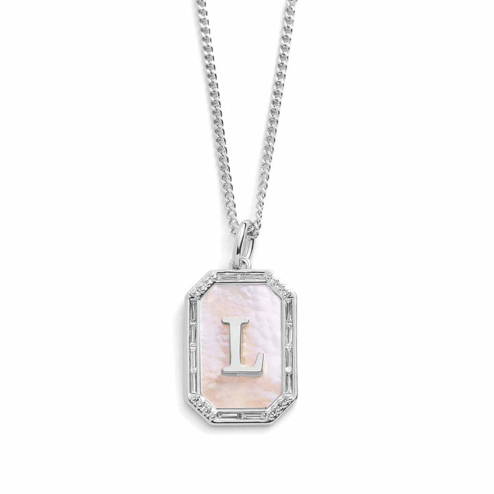 Elegant Mother Of Pearl Initial Necklace - Wearing Felicity Mother-Of-Pearl-Initial-Necklace-Silver-L Wear Felicity