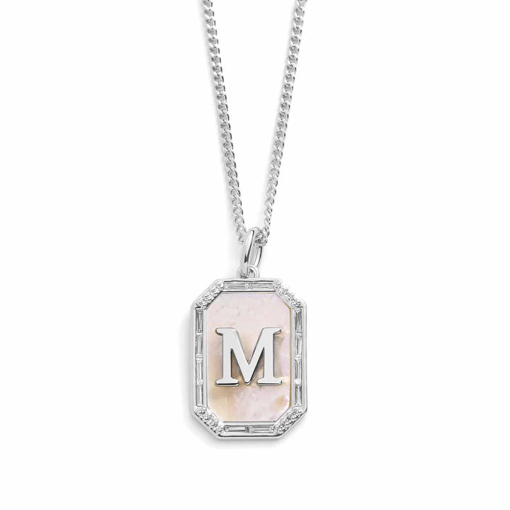 Elegant Mother Of Pearl Initial Necklace - Wearing Felicity Mother-Of-Pearl-Initial-Necklace-Silver-M Wear Felicity
