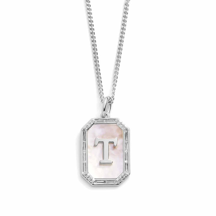 Elegant Mother Of Pearl Initial Necklace - Wearing Felicity Mother-Of-Pearl-Initial-Necklace-Silver-T Wear Felicity