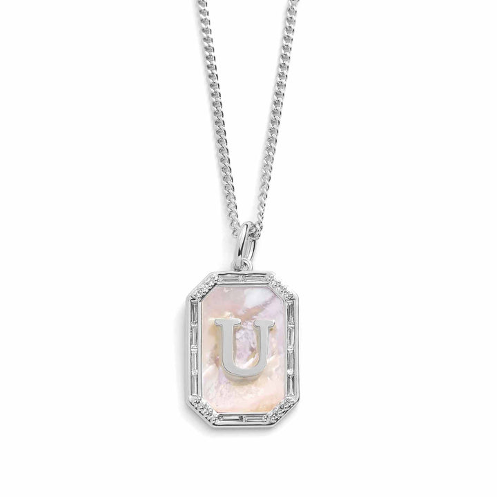 Elegant Mother Of Pearl Initial Necklace - Wearing Felicity Mother-Of-Pearl-Initial-Necklace-Silver-U Wear Felicity