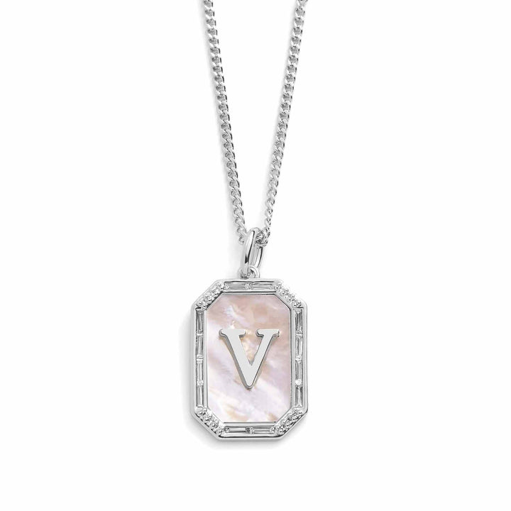 Elegant Mother Of Pearl Initial Necklace - Wearing Felicity Mother-Of-Pearl-Initial-Necklace-Silver-V Wear Felicity