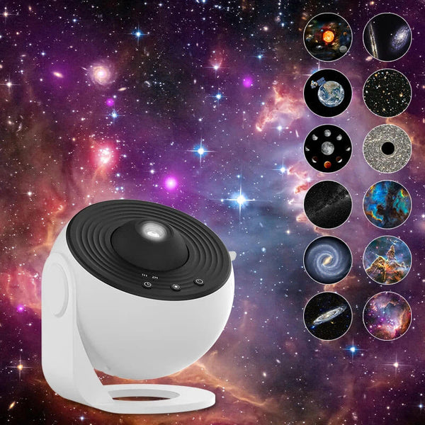 White and black device with starry night sky and galaxy projections on a cosmic background 360° Night Light Galaxy Projector for Kids' Rooms Night Light Galaxy Projector Starry Sky Projector 360° Spinning Planetarium Lamp for Children's Rooms Valentine's Day Present Wedding Decoration