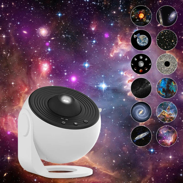 White and black device with starry night sky and galaxy projections on a cosmic background 360° Night Light Galaxy Projector for Kids' Rooms Night Light Galaxy Projector Starry Sky Projector 360° Spinning Planetarium Lamp for Children's Rooms Valentine's Day Present Wedding Decoration