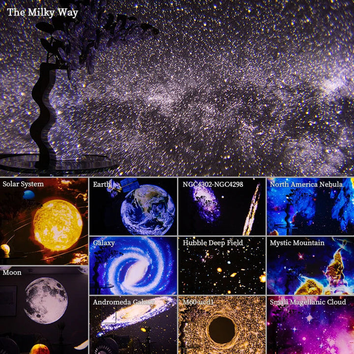 Collage of celestial objects and the Milky Way with a silhouette of a person gazing at the stars. 360° Night Light Galaxy Projector for Kids' Rooms Night Light Galaxy Projector Starry Sky Projector 360° Spinning Planetarium Lamp for Children's Rooms Valentine's Day Present Wedding Decoration