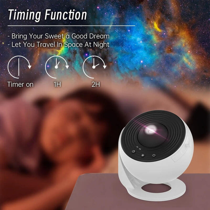 White and black night light with space-themed background and text about timing function. 360° Night Light Galaxy Projector for Kids' Rooms Night Light Galaxy Projector Starry Sky Projector 360° Spinning Planetarium Lamp for Children's Rooms Valentine's Day Present Wedding Decoration
