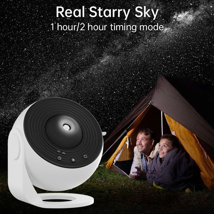 White and black device projecting a starry sky over a tent with people inside, labeled 'Real Starry Sky' and '1 hour/2 hour timing mode'. 360° Night Light Galaxy Projector for Kids' Rooms Night Light Galaxy Projector Starry Sky Projector 360° Spinning Planetarium Lamp for Children's Rooms Valentine's Day Present Wedding Decoration