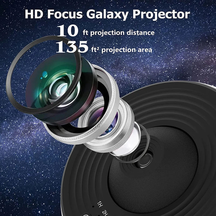 HD Focus Galaxy Projector with lens and text on a starry background 360° Night Light Galaxy Projector for Kids' Rooms Night Light Galaxy Projector Starry Sky Projector 360° Spinning Planetarium Lamp for Children's Rooms Valentine's Day Present Wedding Decoration