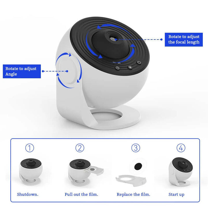 Camera lens with adjustable features and usage instructions on a white background 360° Night Light Galaxy Projector for Kids' Rooms Night Light Galaxy Projector Starry Sky Projector 360° Spinning Planetarium Lamp for Children's Rooms Valentine's Day Present Wedding Decoration