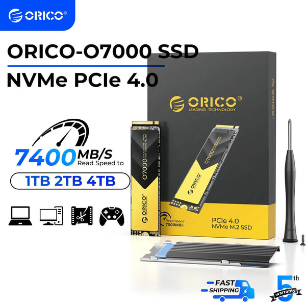 ORICO O7000 SSD with packaging, screwdriver, and speed specifications on a white background ORICO NVMe SSD 1TB/2TB PCIe 4.0 - 7400MB/s Speed ORICO 1TB 2TB NVMe SSD PCIe 4.0 with Speeds Reaching 7400MB/s, M.2 SSD 2280 PCIe 4.0X4 Internal Solid State Drive Designed for Gamers and Creators - O7000