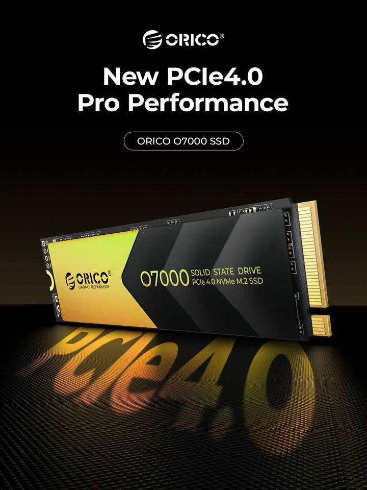 ORICO O7000 SSD with PCIe4.0 branding on a black background ORICO NVMe SSD 1TB/2TB PCIe 4.0 - 7400MB/s Speed ORICO 1TB 2TB NVMe SSD PCIe 4.0 with Speeds Reaching 7400MB/s, M.2 SSD 2280 PCIe 4.0X4 Internal Solid State Drive Designed for Gamers and Creators - O7000