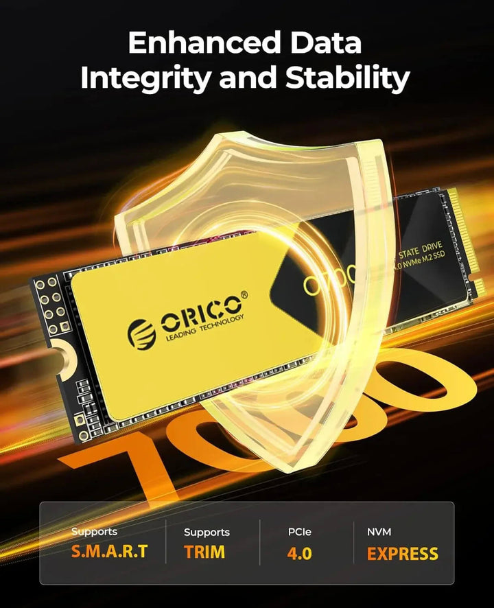 ORICO solid-state drive with shield graphic and text about data integrity and stability on a dark background. ORICO NVMe SSD 1TB/2TB PCIe 4.0 - 7400MB/s Speed ORICO 1TB 2TB NVMe SSD PCIe 4.0 with Speeds Reaching 7400MB/s, M.2 SSD 2280 PCIe 4.0X4 Internal Solid State Drive Designed for Gamers and Creators - O7000
