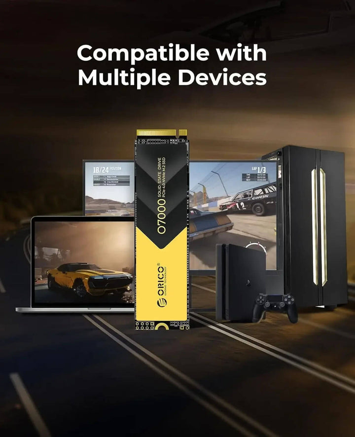 Orico hard drive box with 'Compatible with Multiple Devices' text, displayed on a dark background. ORICO NVMe SSD 1TB/2TB PCIe 4.0 - 7400MB/s Speed ORICO 1TB 2TB NVMe SSD PCIe 4.0 with Speeds Reaching 7400MB/s, M.2 SSD 2280 PCIe 4.0X4 Internal Solid State Drive Designed for Gamers and Creators - O7000