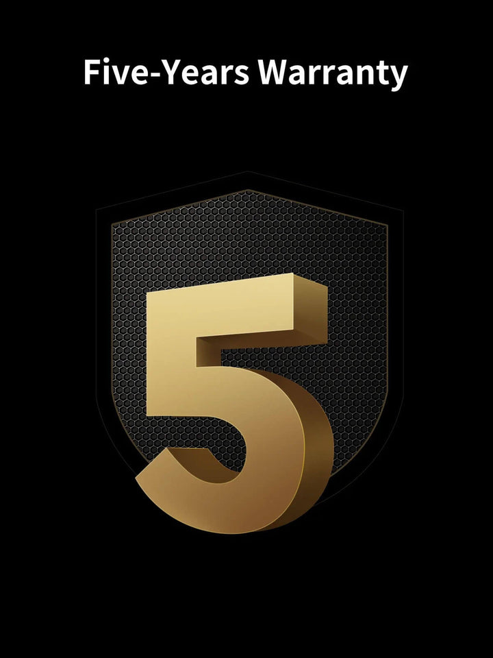 Gold number '5' on a black background with 'Five-Years Warranty' text. ORICO NVMe SSD 1TB/2TB PCIe 4.0 - 7400MB/s Speed ORICO 1TB 2TB NVMe SSD PCIe 4.0 with Speeds Reaching 7400MB/s, M.2 SSD 2280 PCIe 4.0X4 Internal Solid State Drive Designed for Gamers and Creators - O7000