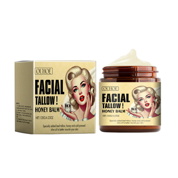 OUHOE Facial Tallow Honey Balm jar and packaging on a white background OUHOE Tallow Honey Cream: Intense Body Moisturization OUHOE Tallow Honey Hydrating Cream for the Body Intense Moisturization Nourishing Hydration Maintain Skin Firmness Moisturizing Lotion