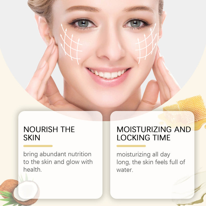 Woman's face with skincare benefits highlighted on a light background OUHOE Tallow Honey Cream: Intense Body Moisturization OUHOE Tallow Honey Hydrating Cream for the Body Intense Moisturization Nourishing Hydration Maintain Skin Firmness Moisturizing Lotion
