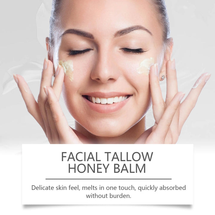 Woman applying facial tallow honey balm with a text overlay on a light background OUHOE Tallow Honey Cream: Intense Body Moisturization OUHOE Tallow Honey Hydrating Cream for the Body Intense Moisturization Nourishing Hydration Maintain Skin Firmness Moisturizing Lotion