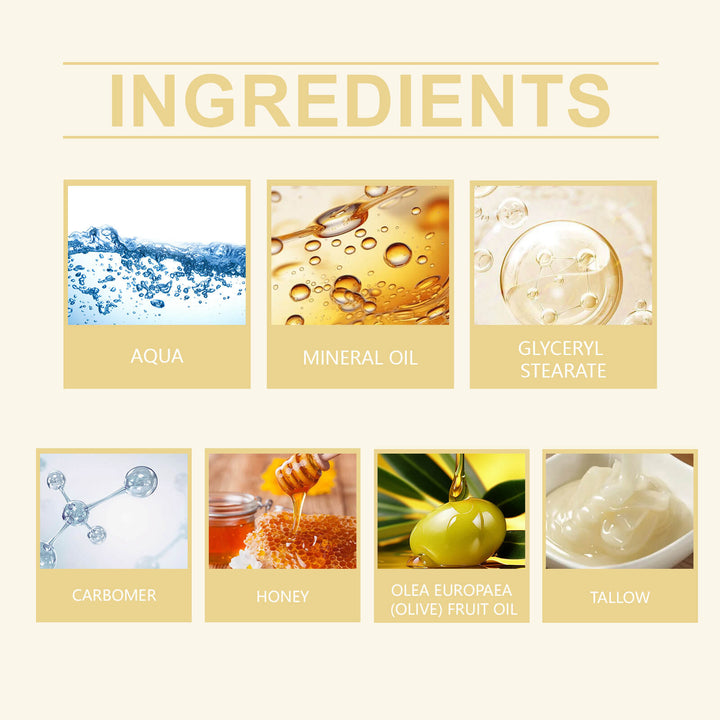 List of skincare product ingredients with corresponding images and labels. OUHOE Tallow Honey Cream: Intense Body Moisturization OUHOE Tallow Honey Hydrating Cream for the Body Intense Moisturization Nourishing Hydration Maintain Skin Firmness Moisturizing Lotion