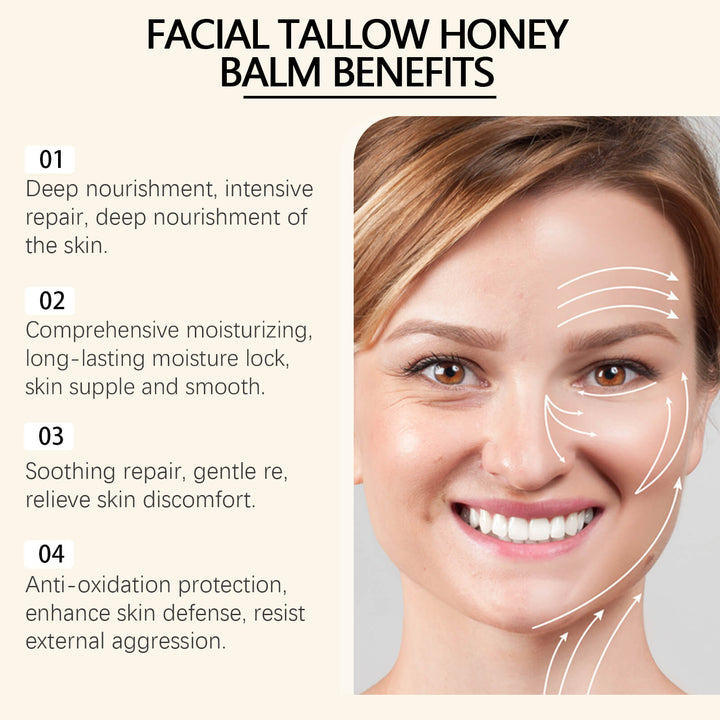 Facial tallow honey balm benefits with a woman's face and skin care lines. OUHOE Tallow Honey Cream: Intense Body Moisturization OUHOE Tallow Honey Hydrating Cream for the Body Intense Moisturization Nourishing Hydration Maintain Skin Firmness Moisturizing Lotion