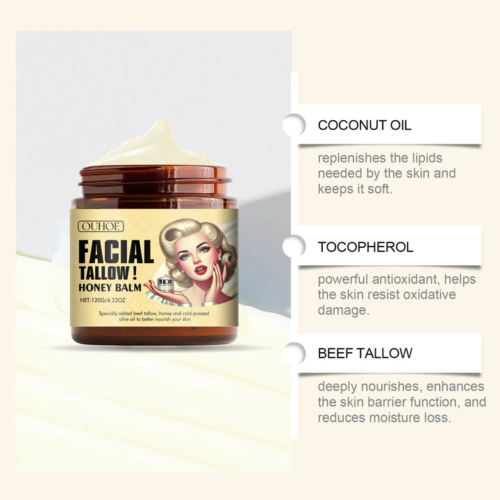 Facial balm jar with ingredients listed on a light background OUHOE Tallow Honey Cream: Intense Body Moisturization OUHOE Tallow Honey Hydrating Cream for the Body Intense Moisturization Nourishing Hydration Maintain Skin Firmness Moisturizing Lotion