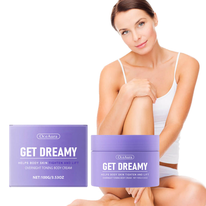 Woman sitting with legs crossed, showing toned legs, next to 'OceAura Get Dreamy' body cream packaging. OceAura Body Shaping Cream for Moisturizing & Lifting OceAura Body Shaping Cream Daily Use to Moisturize and Lift the Body Skin Shaping and Beauty Moisturizing Cream