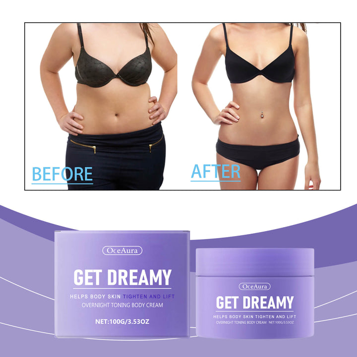 Before and after comparison of a person wearing a black bra and underwear, with OceAura Get Dreamy body cream packaging displayed. OceAura Body Shaping Cream for Moisturizing & Lifting OceAura Body Shaping Cream Daily Use to Moisturize and Lift the Body Skin Shaping and Beauty Moisturizing Cream