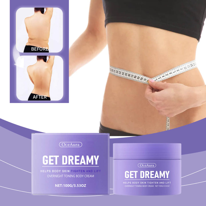 OceAura Get Dreamy body cream packaging with before and after effect on a person's waist. OceAura Body Shaping Cream for Moisturizing & Lifting OceAura Body Shaping Cream Daily Use to Moisturize and Lift the Body Skin Shaping and Beauty Moisturizing Cream