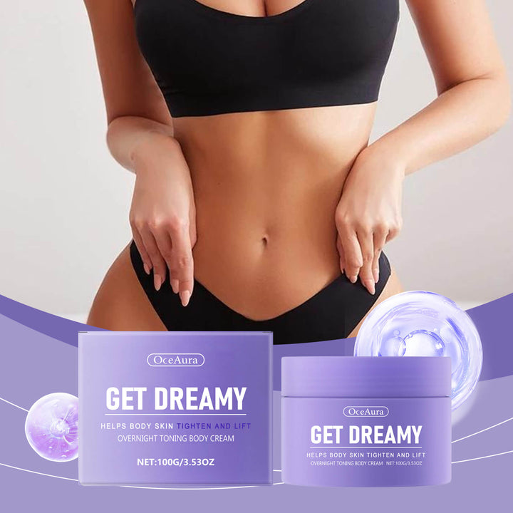 Woman in black sports bra and shorts with 'Get Dreamy' body cream packaging on a purple background OceAura Body Shaping Cream for Moisturizing & Lifting OceAura Body Shaping Cream Daily Use to Moisturize and Lift the Body Skin Shaping and Beauty Moisturizing Cream