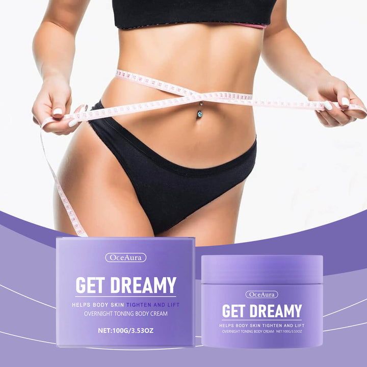Woman measuring waist with 'OceAura Get Dreamy' body cream packaging displayed. OceAura Body Shaping Cream for Moisturizing & Lifting OceAura Body Shaping Cream Daily Use to Moisturize and Lift the Body Skin Shaping and Beauty Moisturizing Cream
