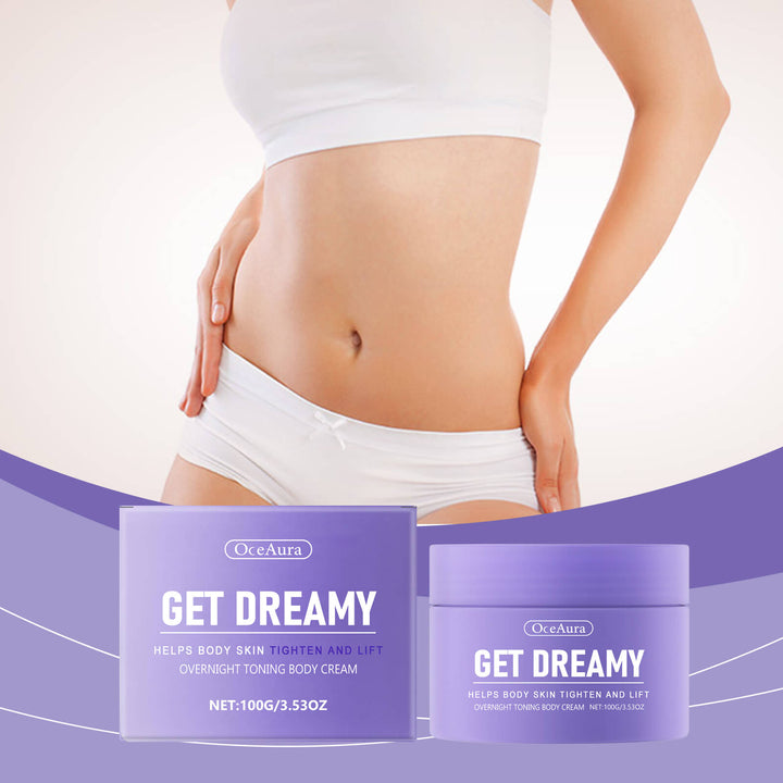 OceAura Get Dreamy body cream packaging with a person in white underwear on a light purple background OceAura Body Shaping Cream for Moisturizing & Lifting OceAura Body Shaping Cream Daily Use to Moisturize and Lift the Body Skin Shaping and Beauty Moisturizing Cream
