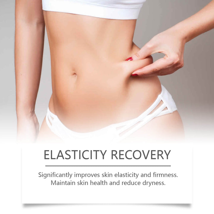 Person touching their stomach with text about elasticity recovery on a gray background OceAura Hydrating Cream for Daily Skin Moisture OceAura Hydrating Tightening Cream Provides Daily Hydration, Enriching the Skin with Moisture and Serving as a Revitalizing Cream