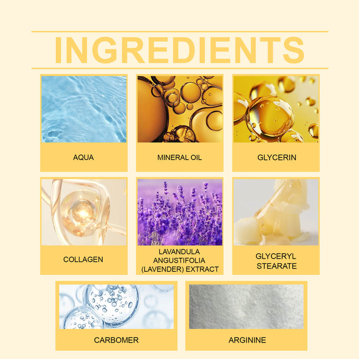 List of skincare product ingredients with corresponding images and names on a beige background. OceAura Hydrating Cream for Daily Skin Moisture OceAura Hydrating Tightening Cream Provides Daily Hydration, Enriching the Skin with Moisture and Serving as a Revitalizing Cream