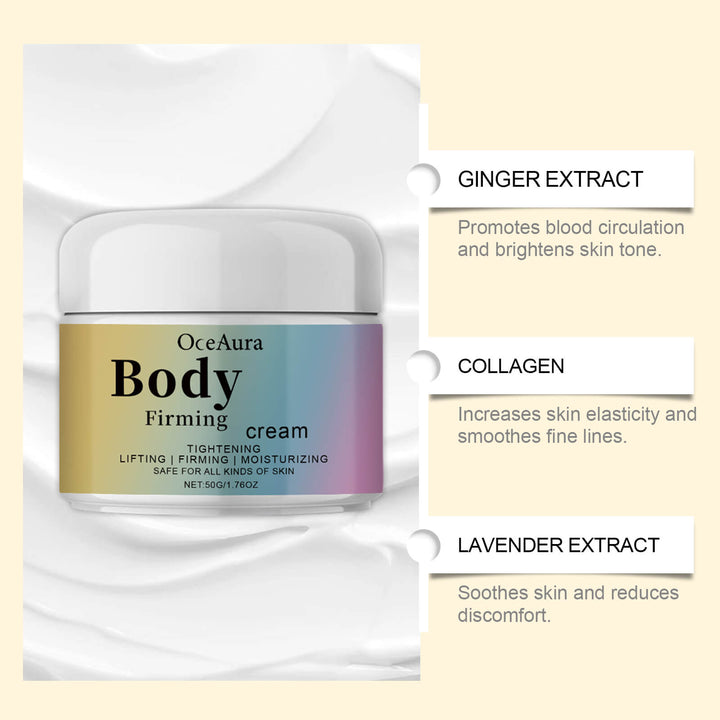 OceAura Body Firming Cream with ingredients listed on a light beige background OceAura Hydrating Cream for Daily Skin Moisture OceAura Hydrating Tightening Cream Provides Daily Hydration, Enriching the Skin with Moisture and Serving as a Revitalizing Cream
