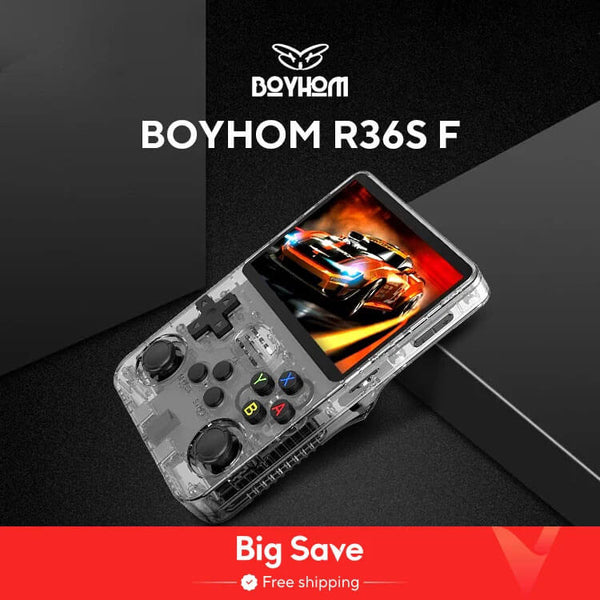Handheld gaming console with transparent design and Boyhom branding on a dark background R36S Retro Handheld Gaming Device with Linux Software Open Source R36S Nostalgic Handheld Gaming Device Linux Software 3.5 Inch IPS Display Compact Pocket Game Player R35S 64GB of Games