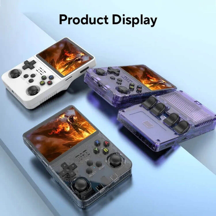 Three handheld gaming consoles with transparent designs on a light blue background. R36S Retro Handheld Gaming Device with Linux Software Open Source R36S Nostalgic Handheld Gaming Device Linux Software 3.5 Inch IPS Display Compact Pocket Game Player R35S 64GB of Games
