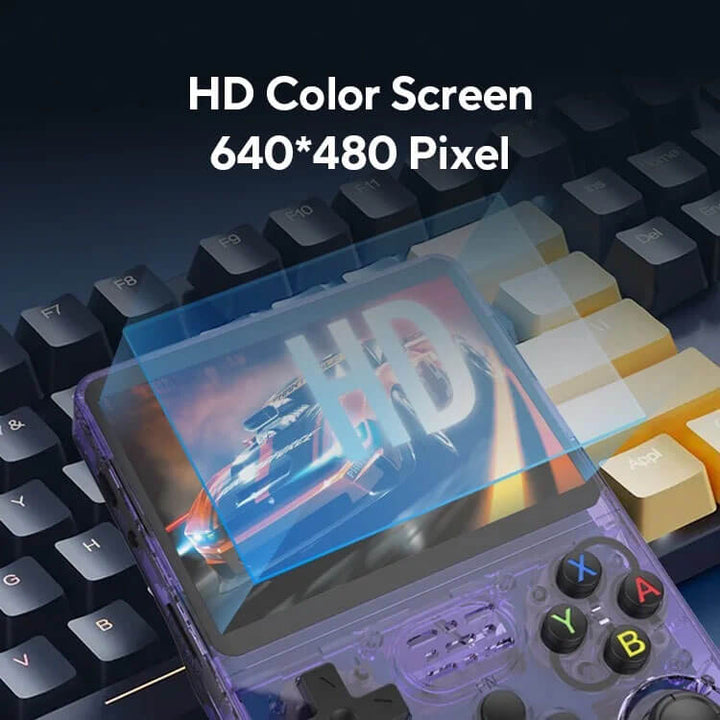 Handheld gaming console with screen protector on a keyboard background, displaying 'HD' text. R36S Retro Handheld Gaming Device with Linux Software Open Source R36S Nostalgic Handheld Gaming Device Linux Software 3.5 Inch IPS Display Compact Pocket Game Player R35S 64GB of Games