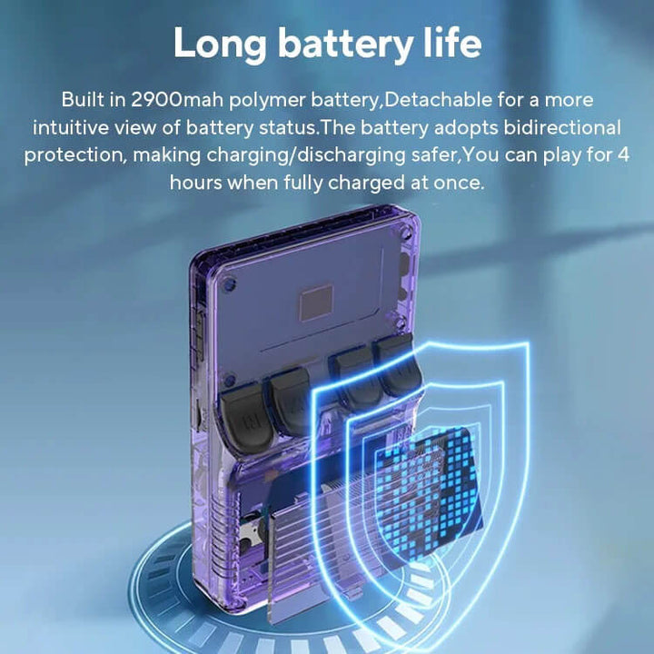 Transparent battery pack with text about long battery life on a blue background R36S Retro Handheld Gaming Device with Linux Software Open Source R36S Nostalgic Handheld Gaming Device Linux Software 3.5 Inch IPS Display Compact Pocket Game Player R35S 64GB of Games
