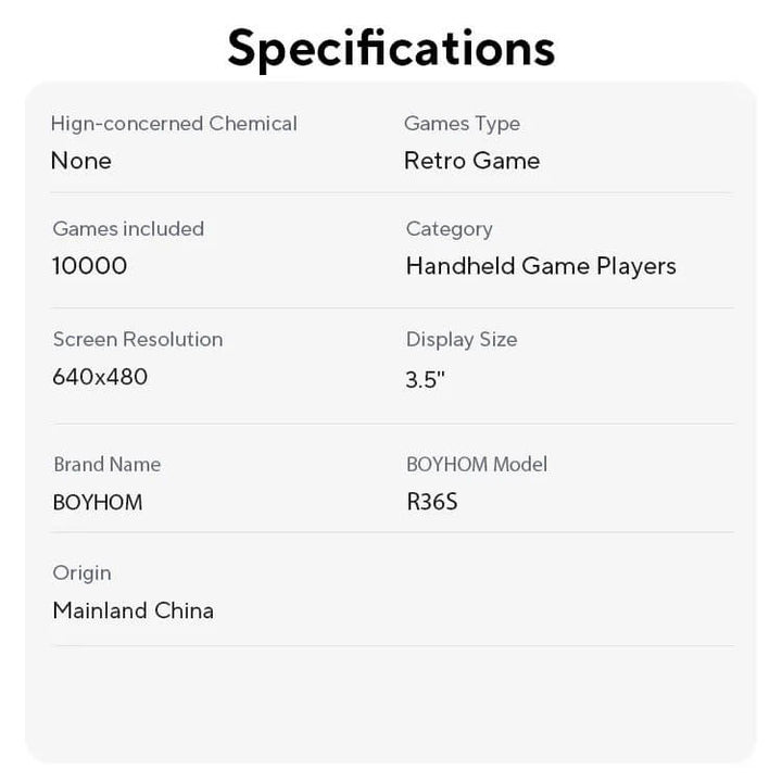 Specifications of a handheld game player with details like games included, screen resolution, and brand. R36S Retro Handheld Gaming Device with Linux Software Open Source R36S Nostalgic Handheld Gaming Device Linux Software 3.5 Inch IPS Display Compact Pocket Game Player R35S 64GB of Games