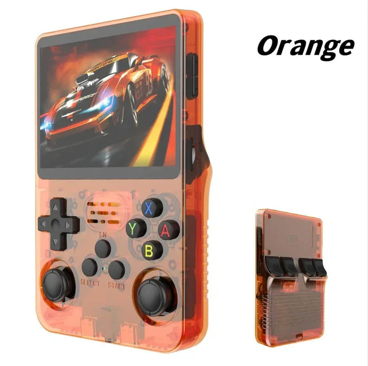 Handheld gaming console with transparent orange casing displaying a car game on screen. R36S Retro Handheld Gaming Device with Linux Software Open Source R36S Nostalgic Handheld Gaming Device Linux Software 3.5 Inch IPS Display Compact Pocket Game Player R35S 64GB of Games