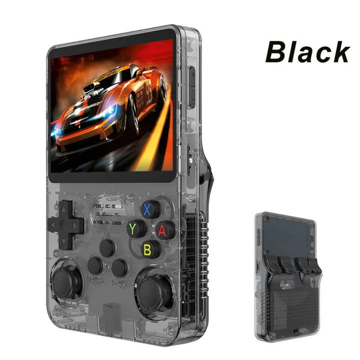 Handheld gaming console with transparent casing displaying a racing game, on a white background. R36S Retro Handheld Gaming Device with Linux Software Open Source R36S Nostalgic Handheld Gaming Device Linux Software 3.5 Inch IPS Display Compact Pocket Game Player R35S 64GB of Games