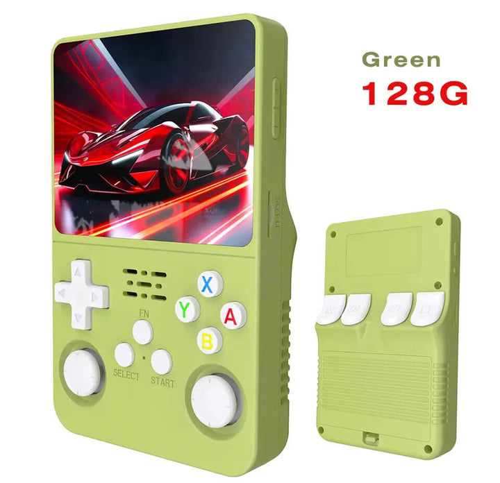 Green handheld gaming console with screen displaying a red car, labeled '128G'. R36S Retro Handheld Gaming Device with Linux Software Open Source R36S Nostalgic Handheld Gaming Device Linux Software 3.5 Inch IPS Display Compact Pocket Game Player R35S 64GB of Games