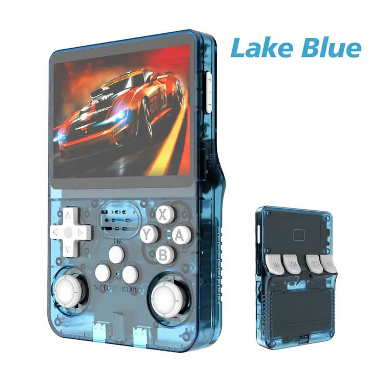 Handheld gaming console with transparent blue casing displaying a racing game, labeled 'Lake Blue'. R36S Retro Handheld Gaming Device with Linux Software Open Source R36S Nostalgic Handheld Gaming Device Linux Software 3.5 Inch IPS Display Compact Pocket Game Player R35S 64GB of Games