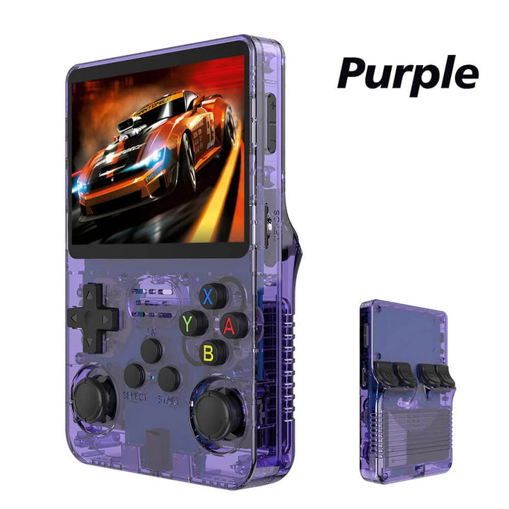 Purple handheld gaming console with screen displaying a racing game, on a white background. R36S Retro Handheld Gaming Device with Linux Software Open Source R36S Nostalgic Handheld Gaming Device Linux Software 3.5 Inch IPS Display Compact Pocket Game Player R35S 64GB of Games