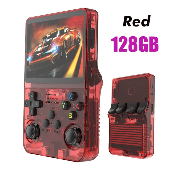 Red handheld gaming console with transparent back, showing game on screen, and '128GB' text. R36S Retro Handheld Gaming Device with Linux Software Open Source R36S Nostalgic Handheld Gaming Device Linux Software 3.5 Inch IPS Display Compact Pocket Game Player R35S 64GB of Games